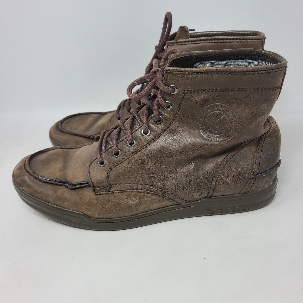 Calvin Klein Mens Brown Leather Ankle Hobo Boots S - Picture 3 of 6